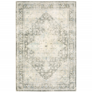 5' x 7' Grey Ivory and Blue Oriental Power Loom Stain Resistant Area Rug