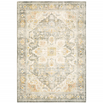 5' x 7' Grey Gold Orange and Ivory Oriental Power Loom Stain Resistant Area Rug