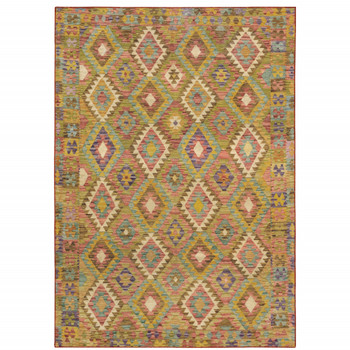 5' x 7' Gold Orange Brown Red Green Purple & Beige Southwestern Printed Non Skid Area Rug