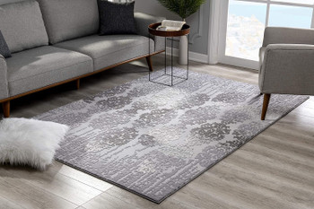 5' x 7' Gray Damask Power Loom Polyester Area Rug