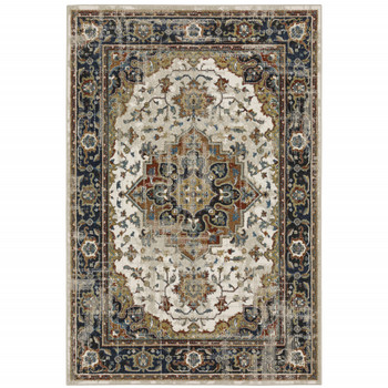 5' x 7' Beige Blue Green Rust and Grey Oriental Power Loom Stain Resistant Area Rug