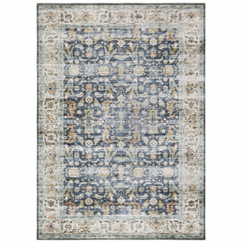 5' x 7' Blue Gold Rust Ivory and Olive Oriental Printed Stain Resistant Non Skid Area Rug