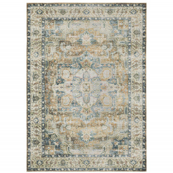 5' x 7' Blue Gold Brown Green and Salmon Oriental Printed Non Skid Area Rug