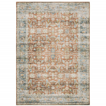 5' x 7' Rust Blue Ivory and Gold Oriental Printed Stain Resistant Non Skid Area Rug