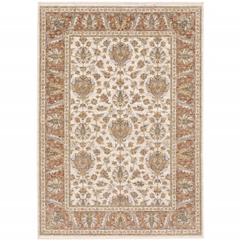 5' x 8' Rust and Ivory Oriental Power Loom Stain Resistant Area Rug with Fringe
