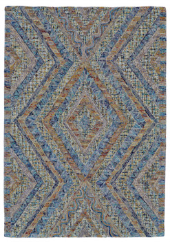 5' x 8' Blue Brown and Orange Wool Geometric Tufted Handmade Stain Resistant Area Rug