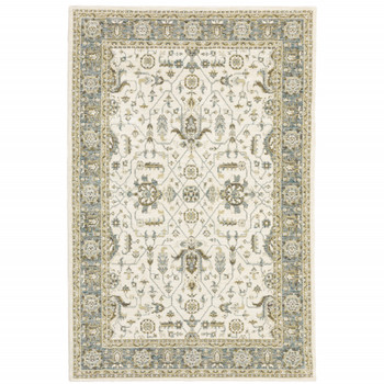 5' x 8' Ivory Grey and Blue Oriental Power Loom Stain Resistant Area Rug