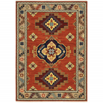 5' x 8' Red Gold Blue Brown Oriental Power Loom Stain Resistant Area Rug with Fringe