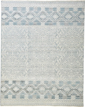 5' x 8' Ivory Blue and Gray Geometric Hand Knotted Area Rug