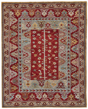 5' x 8' Red Blue and Brown Wool Floral Hand Knotted Distressed Area Rug with Fringe