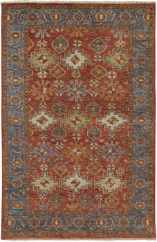 5' x 8' Red Blue and Orange Wool Floral Hand Knotted Stain Resistant Area Rug with Fringe
