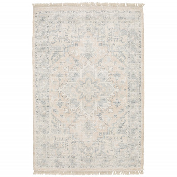 5' x 8' Beige & Grey Oriental Hand Loomed Stain Resistant Area Rug with Fringe