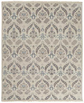 5' x 8' Ivory Gray and Blue Wool Floral Hand Knotted Stain Resistant Area Rug