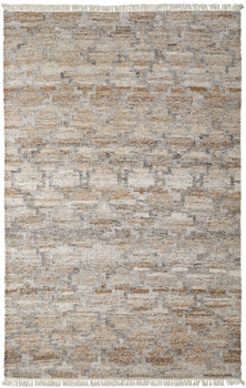 5' x 8' Tan Gray and Ivory Geometric Hand Woven Stain Resistant Area Rug with Fringe