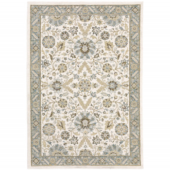 5' x 8' Stone Grey Ivory Green Brown Teal and Light Blue Oriental Power Loom Area Rug