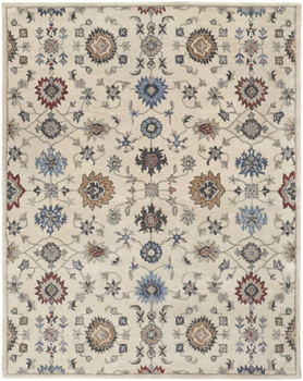 5' x 8' Ivory Blue and Tan Wool Floral Tufted Handmade Stain Resistant Area Rug