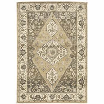 5' x 8' Beige Grey Tan and Charcoal Oriental Power Loom Stain Resistant Area Rug
