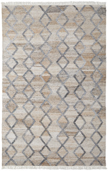 5' x 8' Gray Ivory and Tan Geometric Hand Woven Stain Resistant Area Rug with Fringe