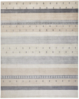 5' x 8' Ivory Tan and Gray Wool Striped Hand Knotted Stain Resistant Area Rug