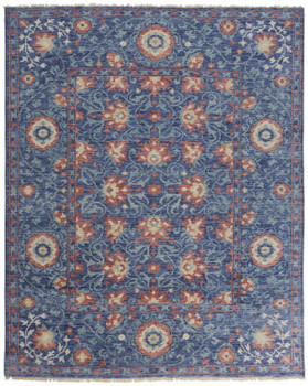 5' x 8' Blue & Red Wool Floral Hand Knotted Stain Resistant Area Rug