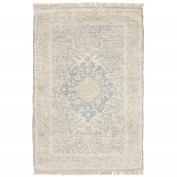 5' x 8' Grey and Beige Oriental Hand Loomed Stain Resistant Area Rug with Fringe