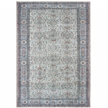 5' x 8' Ivory and Blue Oriental Power Loom Stain Resistant Area Rug