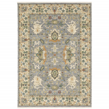 5' x 8' Blue and Ivory Oriental Power Loom Stain Resistant Area Rug with Fringe