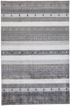 5' x 8' Gray Silver and Black Wool Striped Hand Knotted Stain Resistant Area Rug