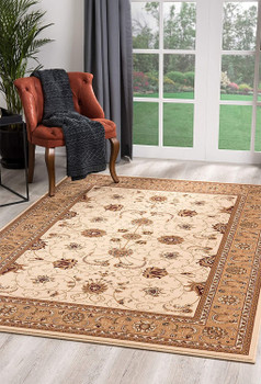 5' x 8' Cream and Tan Ornate Border Area Rug