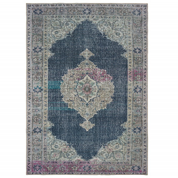 5' x 8' Blue and Grey Oriental Power Loom Stain Resistant Area Rug