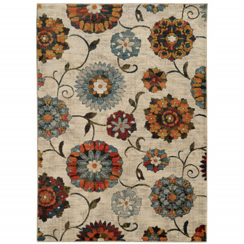 5' x 8' Ivory Blue Gold Green Orange Rust and Teal Floral Power Loom Area Rug