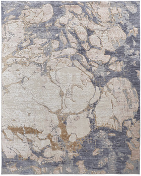 5' x 8' Tan and Blue Abstract Power Loom Distressed Area Rug