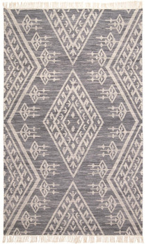 5' x 8' Gray Ivory and Blue Wool Geometric Dhurrie Flat Weave Handmade Area Rug