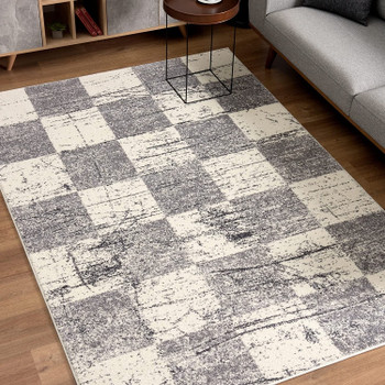 5' x 8' White and Gray Checkered Area Rug