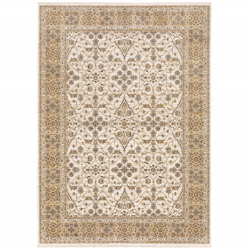 5' x 8' Ivory & Gold Oriental Power Loom Stain Resistant Area Rug with Fringe