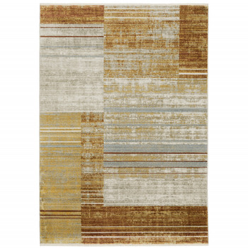 5' x 8' Rust Gold Blue Grey Ivory and Tan Geometric Power Loom Area Rug with Fringe
