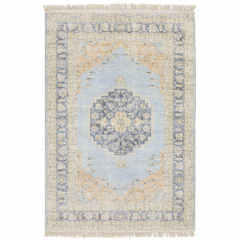 5' x 8' Blue and Beige Oriental Hand Loomed Stain Resistant Area Rug with Fringe