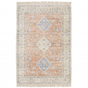 5' x 8' Orange and Blue Oriental Hand Loomed Stain Resistant Area Rug with Fringe