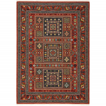 5' x 8' Red Blue Beige and Green Oriental Power Loom Stain Resistant Area Rug with Fringe