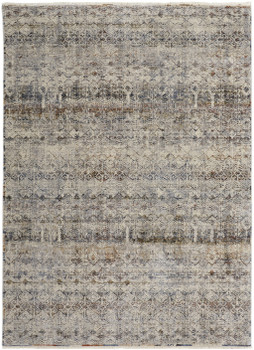 5' x 8' Tan Ivory and Blue Geometric Power Loom Distressed Area Rug with Fringe