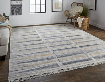 5' x 8' Tan Gray and Taupe Geometric Hand Woven Stain Resistant Area Rug with Fringe