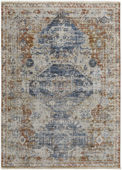 5' x 8' Ivory Orange and Blue Floral Power Loom Distressed Area Rug with Fringe