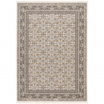 5' x 8' Ivory and Grey Oriental Power Loom Stain Resistant Area Rug with Fringe