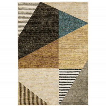 5' x 8' Gold Brown Blue Charcoal Rust and Beige Geometric Power Loom Area Rug