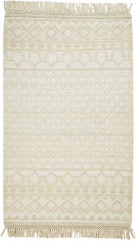 5' x 8' Ivory and Tan Wool Geometric Hand Woven Area Rug with Fringe