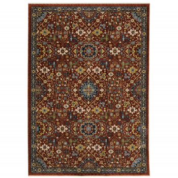 5' x 8' Red Blue Gold and Ivory Oriental Power Loom Stain Resistant Area Rug with Fringe
