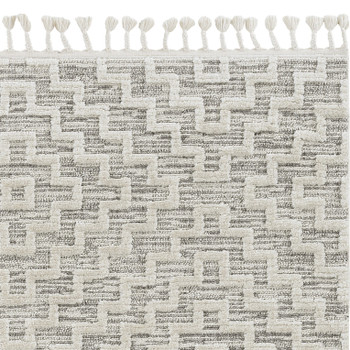 5' x 8' Ivory Grey Machine Woven Geometric with Fringe Indoor Area Rug