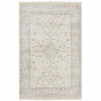 5' x 8' Beige and Charcoal Oriental Hand Loomed Stain Resistant Area Rug with Fringe