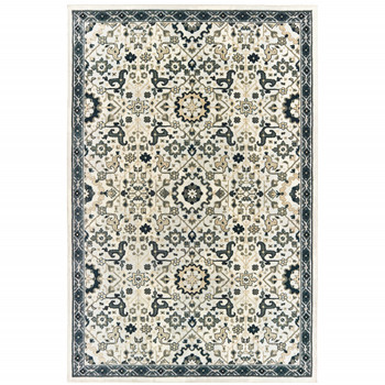 5' x 8' Ivory Navy and Gold Oriental Power Loom Stain Resistant Area Rug