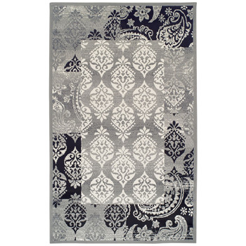 5' x 8' Black and Gray Damask Power Loom Distressed Stain Resistant Area Rug